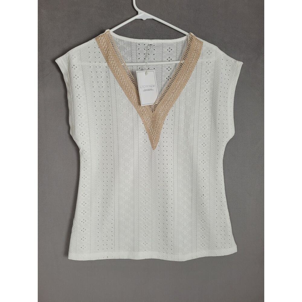 Etcyy New Womens Basic Top Trendy Eyelet Fabric Tank Top Lace V Neck Medium